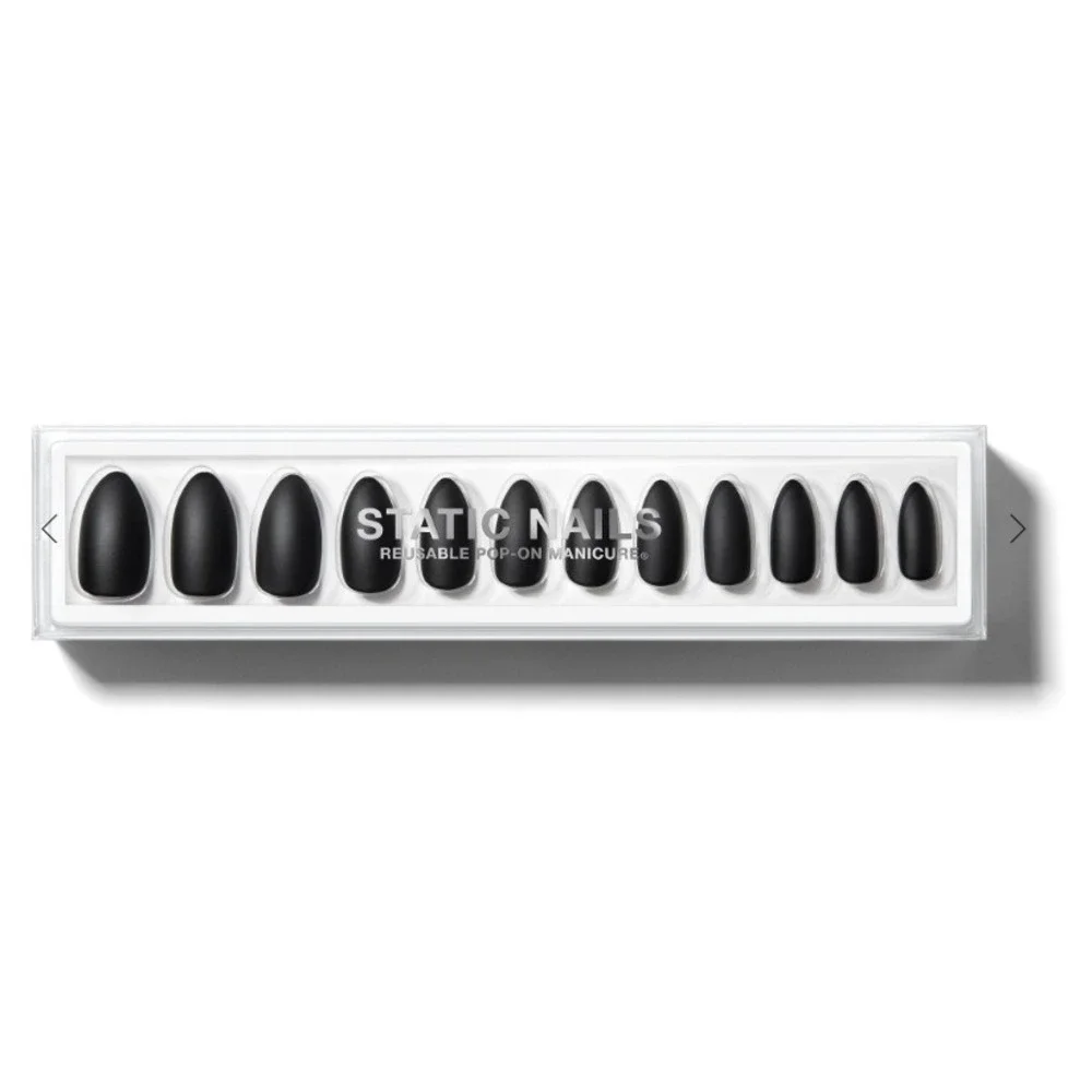 Static Nails Reusable Pop-On Manicure Matte Black Round Short 32 Nails Adhesive